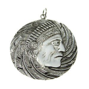 Handcrafted Solid 925 Sterling Silver Large Indian Chief with Headdress Pendant